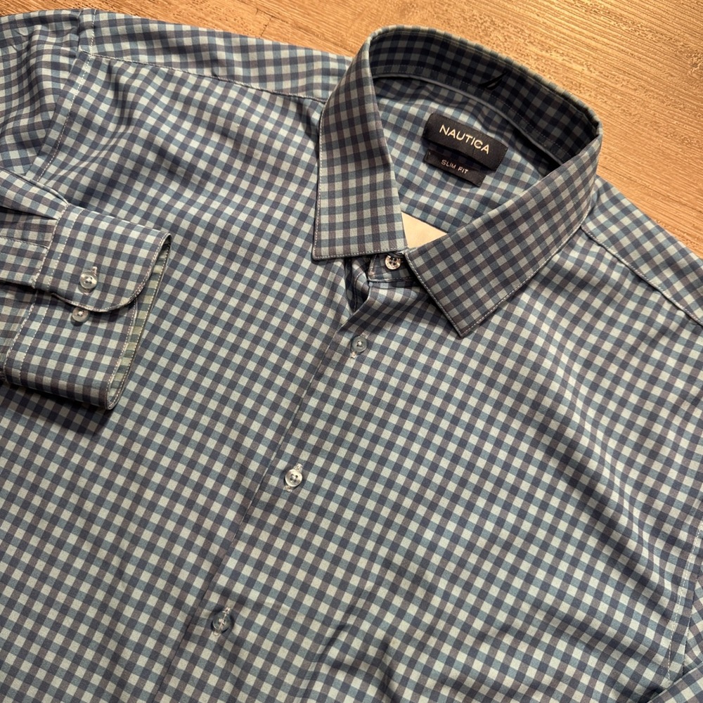 Nautica Shirt Mens XL Blue Gingham Check Performance Stretch 17.5 Minimalist